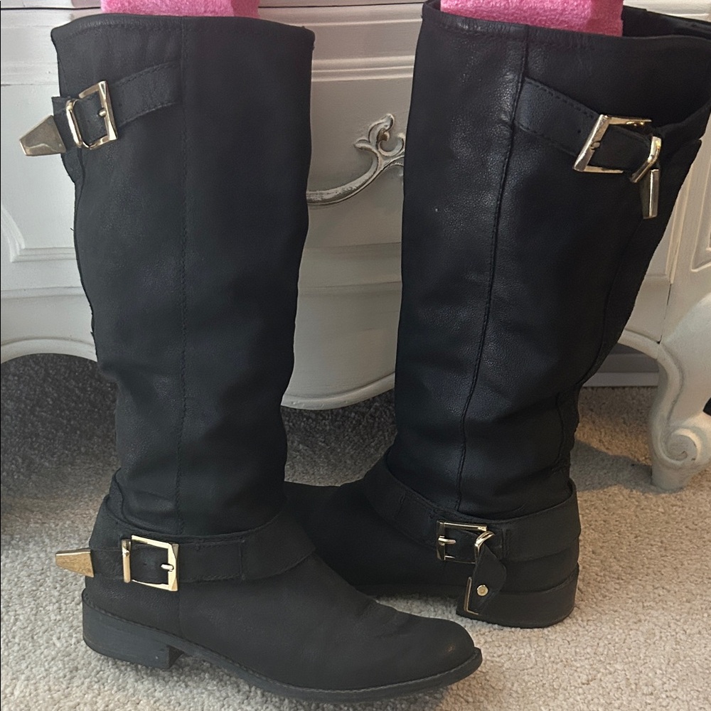 Steve Madden Black Leather Moto Boots with Gold Buckles